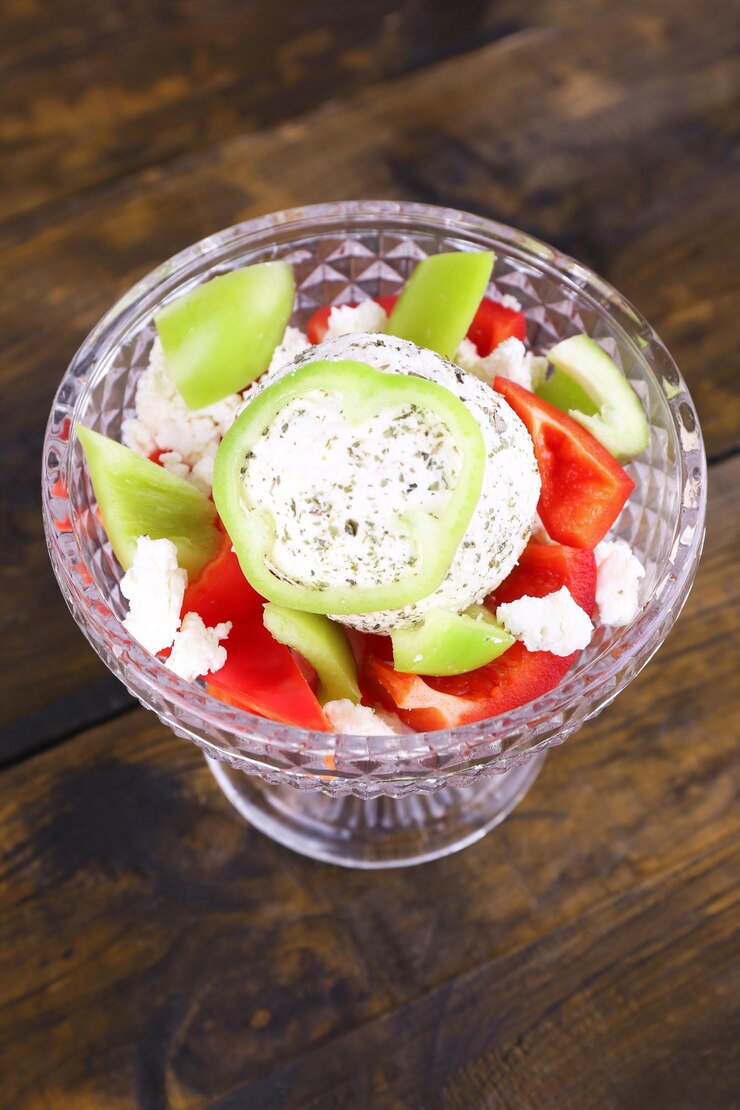 Photo 木製の背景にピヤラで野菜とカッテージ チーズ