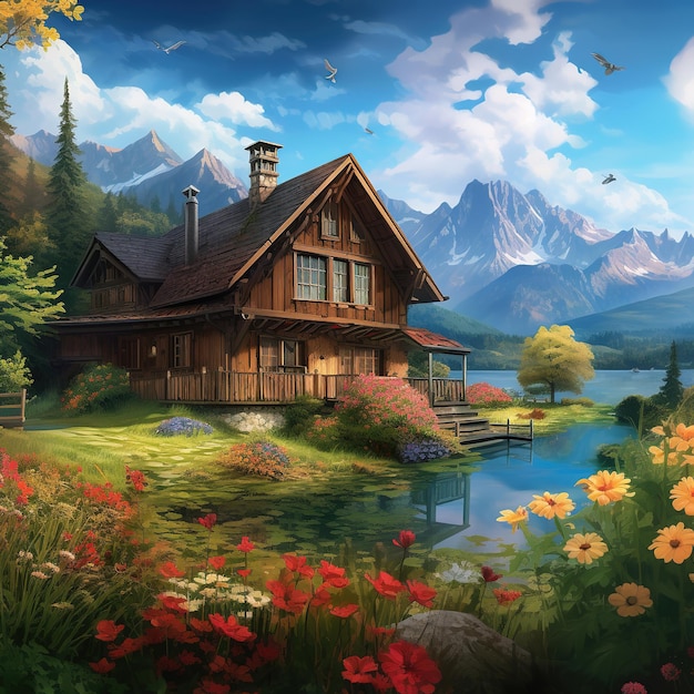 cottage in flower garden illustration