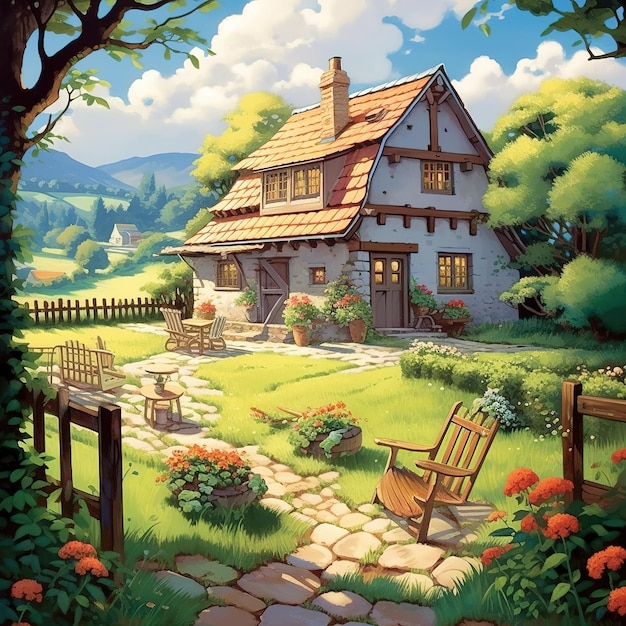 cottage in flower garden illustration
