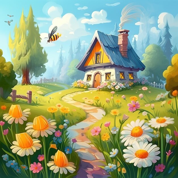 cottage in flower garden illustration