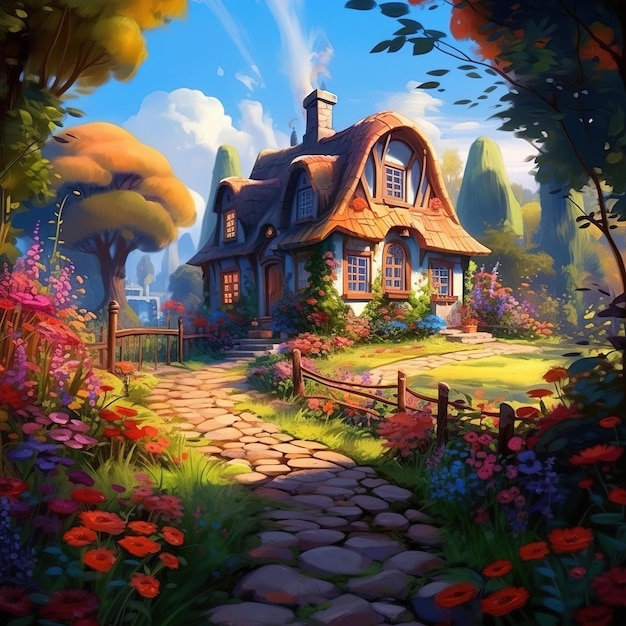 cottage in flower garden illustration