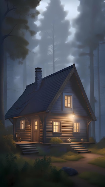Коттедж в туманном дереве рисунок мультфильма