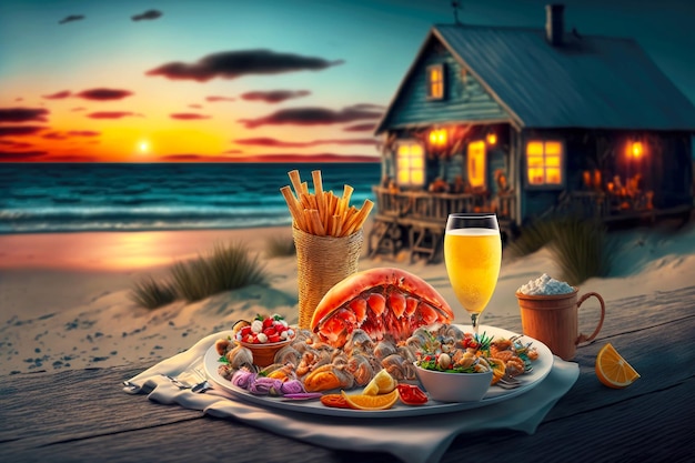 Cottage food with seafood and cocktails on beach in evening