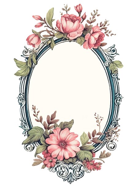 Photo cottage frame oval frame blank frame inside botanical floral illustration generative ai