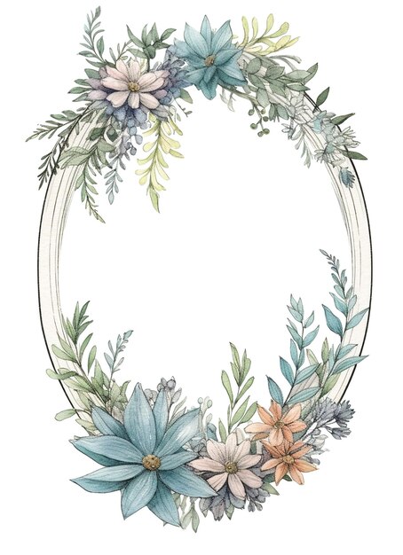 Cottage frame oval frame blank frame inside botanical floral illustration generative ai