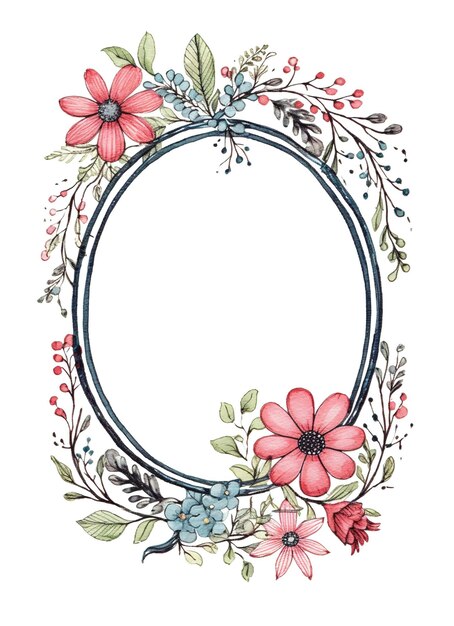 Photo cottage frame oval frame blank frame inside botanical floral illustration generative ai