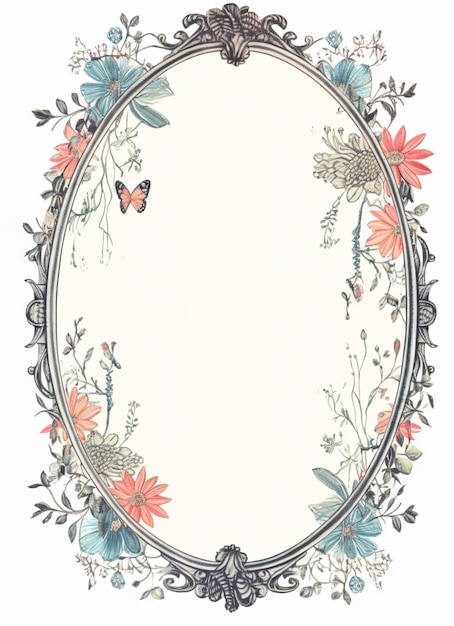 Photo cottage frame oval frame blank frame inside botanical floral illustration generative ai