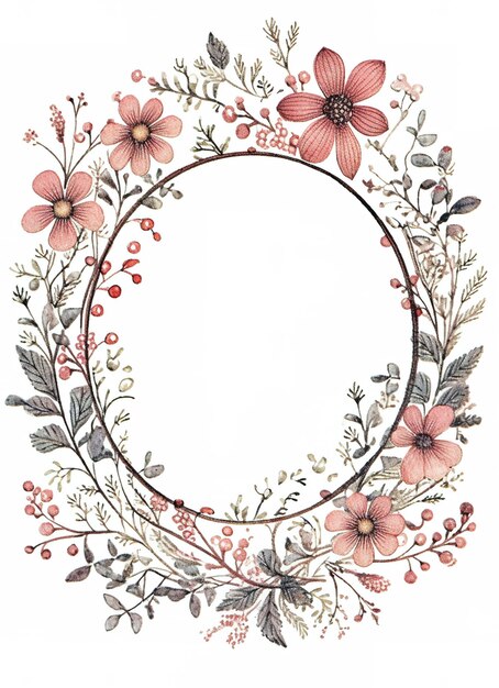 Photo cottage frame oval frame blank frame inside botanical floral illustration generative ai