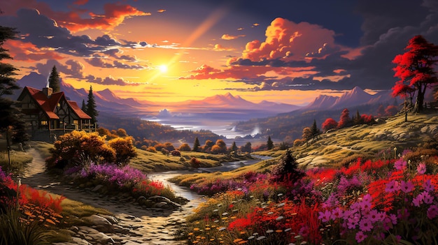 Cottage on the hill sky flowers and morning light is stunning fantasy landscape Generative ai