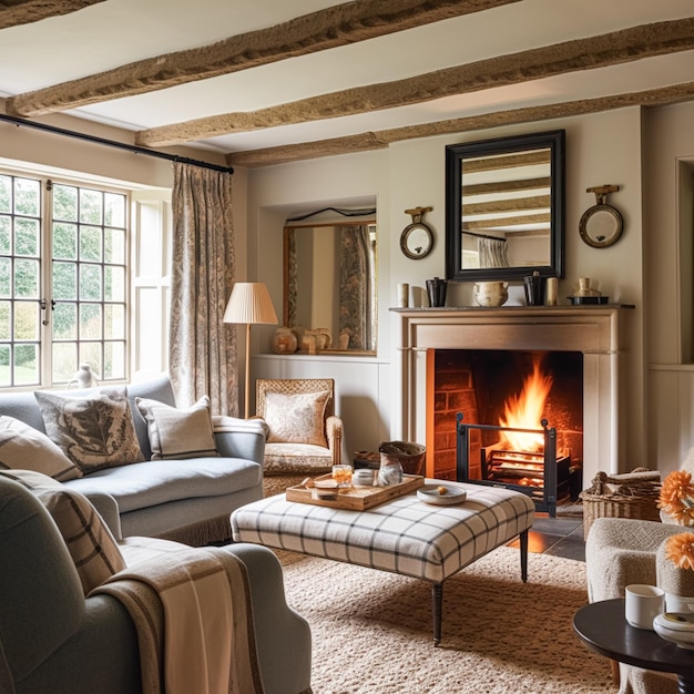 Cottage interieur met modern ontwerp en antieke meubels huis decor zitkamer en woonkamer bank en open haard in Engels landhuis en landelijke stijl