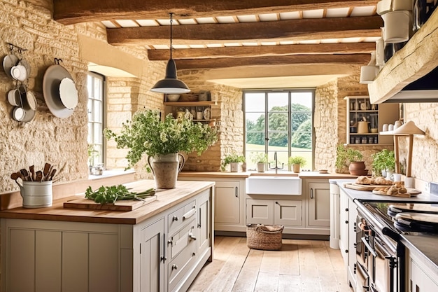 Cottage kitchen decor interior design and house improvement classic English in frame kitchen cabinets countertop and applience in the country house generative ai