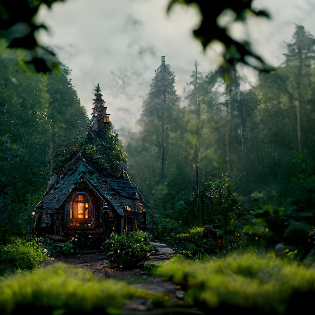 Photo a cottage in magic green forest fantasy artwork with volumetric lighting neural network generated art