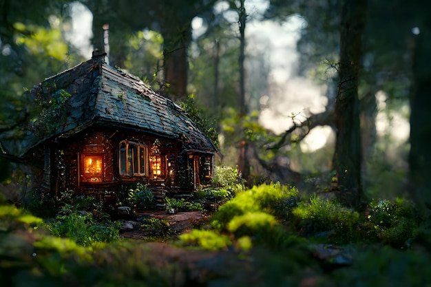 A cottage in magic green forest fantasy artwork with volumetric lighting neural network generated art