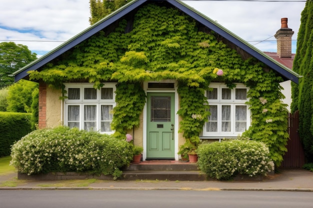 Cottage met klimop kruipend over houten deuren