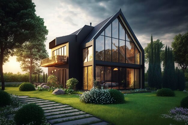 Cottage in modern style with panoramic windows Generative AIx9