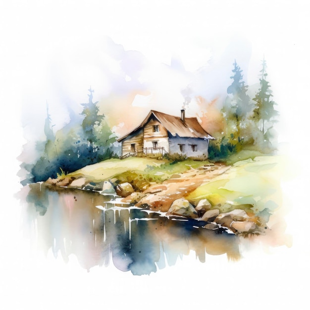 Cottage in mountains water color pastel color with white background generat ai