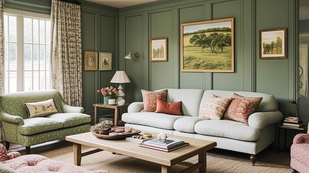 Cottage sitting room green living room interior design and country house home decor art gallery wall sofa and lounge furniture English countryside style interiors