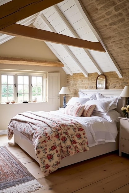 Cottage slaapkamer inrichting interieur en vakantieverhuur bed met elegant beddengoed linnen en antiek meubilair Engels landhuis en boerderijstijl