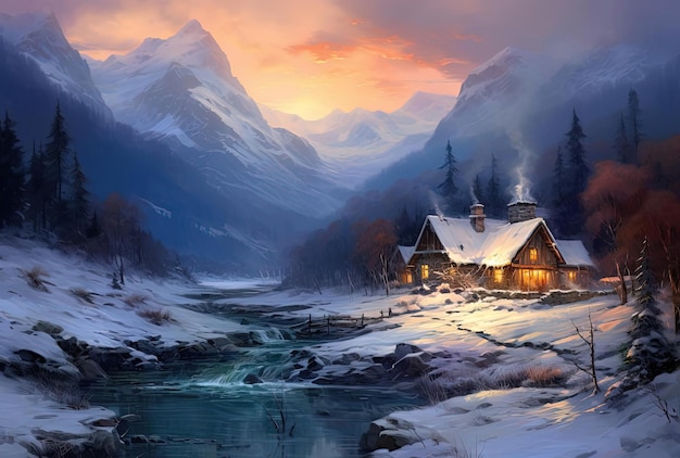 коттедж и заснеженная долина в стиле ярких и сказочных сцен