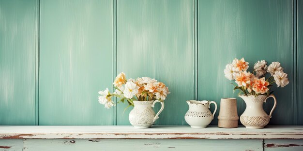 Cottage style background with a retro touch featuring vintage decor and flowers on a window shelf