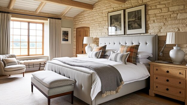 사진 코티지 스타일 침실 장식 인테리어 디자인 및 우아한 침구와 맞춤형 가구를 갖춘 홈 장식 침대 영국 컨트리 하우스 또는 휴가용 임대 인테리어