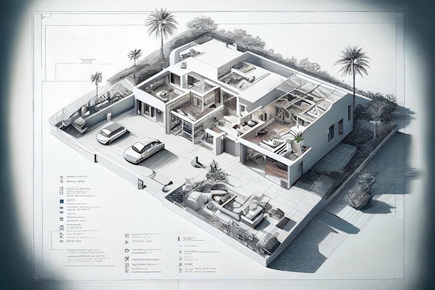 cottage villa located on blueprints and rising as a 3d model illustration made with generative AI