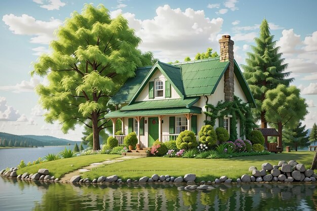 Cottage with green trees