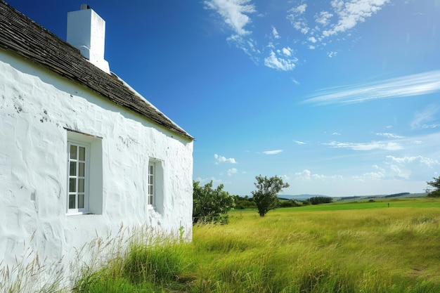 純な白い壁の小屋 背景の青い空と緑のフィールド 生成的なAI