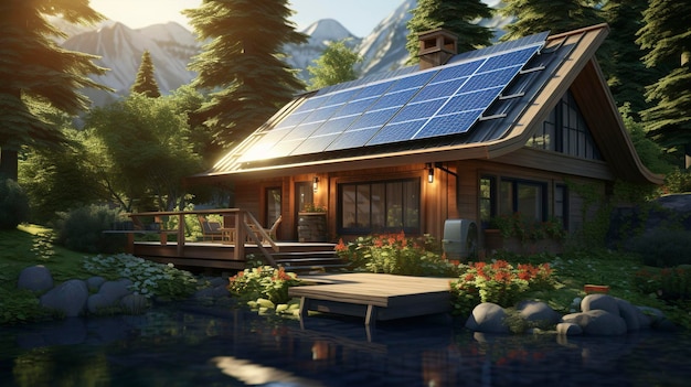 A cottage with a rooftop solar panel promoting sustainability