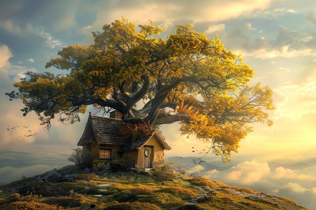 Photo cottage with a tree wrapped around fantasy