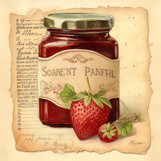 Cottagecore Aardbeienpot oud papier vintage digitaal papier