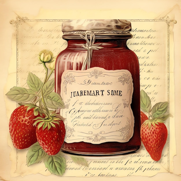 Cottagecore Strawberry jar old paper vintage digital paper