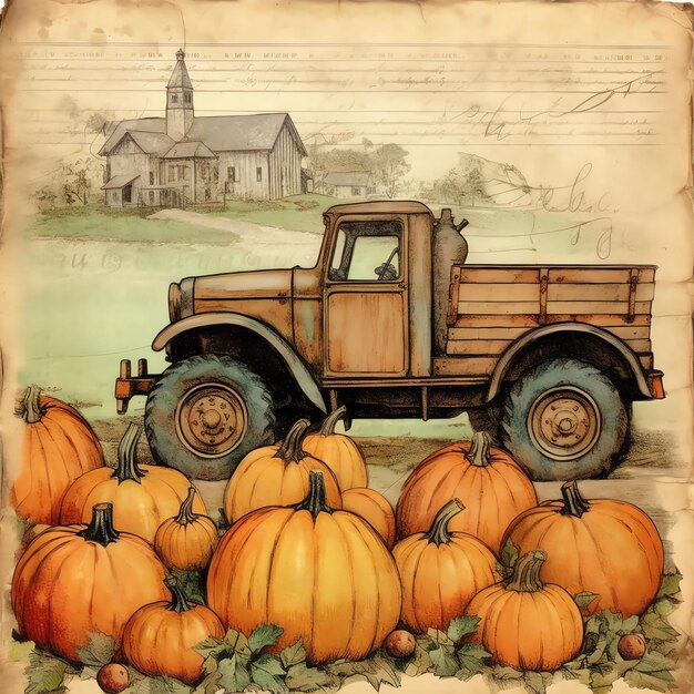 Cottagecore Truck with pumpkins old paper vintage digital paper