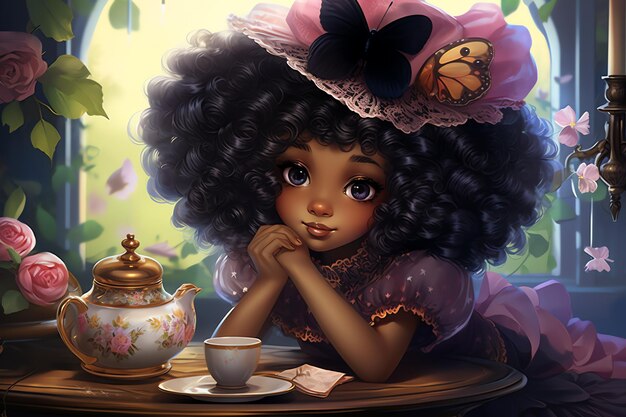 Photo cottagecore victorian black girl illustration in victorian theme kawaii for book cover or