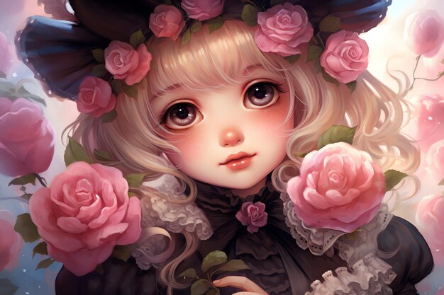 Photo cottagecore victorian girl holding pink roses illustration in victorian theme kawaii for book cover