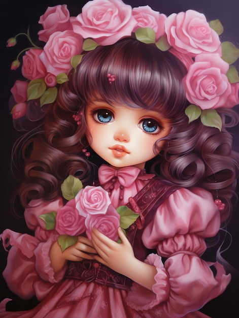 Photo cottagecore victorian girl holding pink roses illustration in victorian theme kawaii for book cover