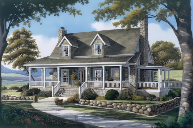 Cottagestyle house with wraparound porch and stone exterior