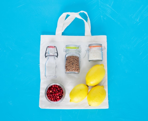 Cotton bag and glass kit for zero waste shopping Zero waste concept