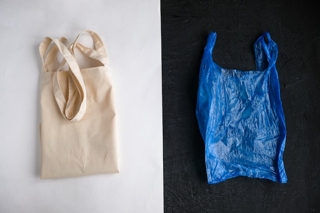 Photo cotton bag and plastic bag on white and black