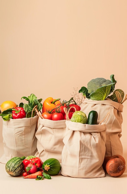 cotton bag with fresh fruits and vegetables on a beige background Fresh and ecological products