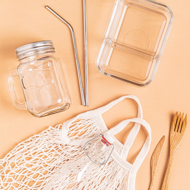 Cotton bags and glassware for free plastic shopping. Zero waste concept.