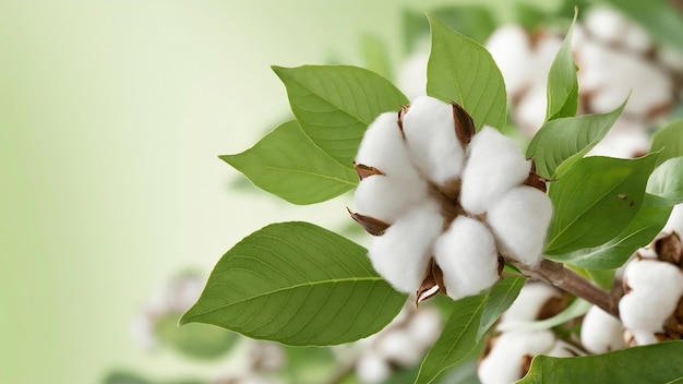 Cotton branch and green leaves over light green background