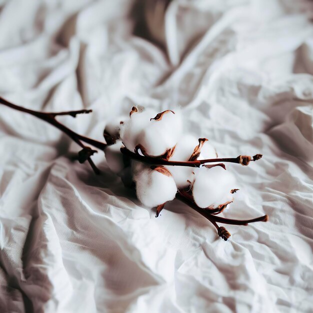 Photo cotton branch on white crumpled fabric