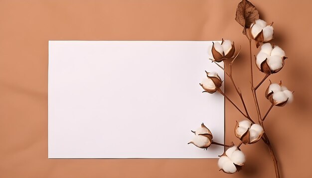 Cotton branch with empty blank paper sheet card top view Minimal composition from natural cotton