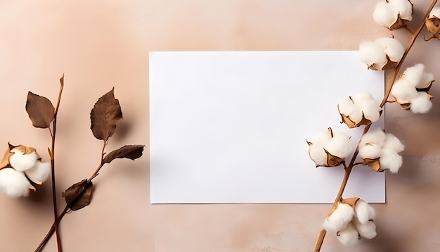 Cotton branch with empty blank paper sheet card top view Minimal composition from natural cotton