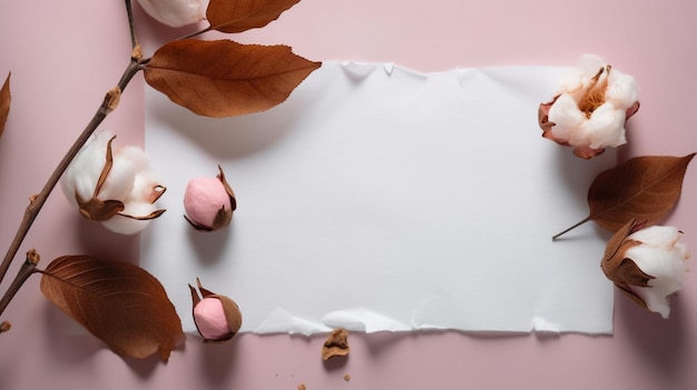 Cotton branch with empty blank paper sheet card