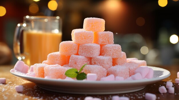 Cotton Candy Marshmallows cake on a plate in blur background