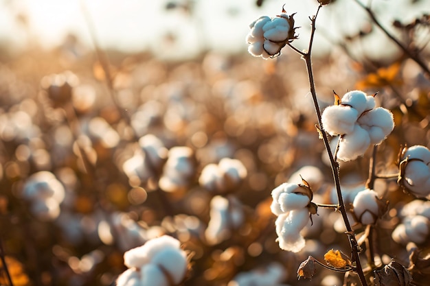 Cotton farm during harvest season Field of cotton plants with white bolls Sustainable and eco