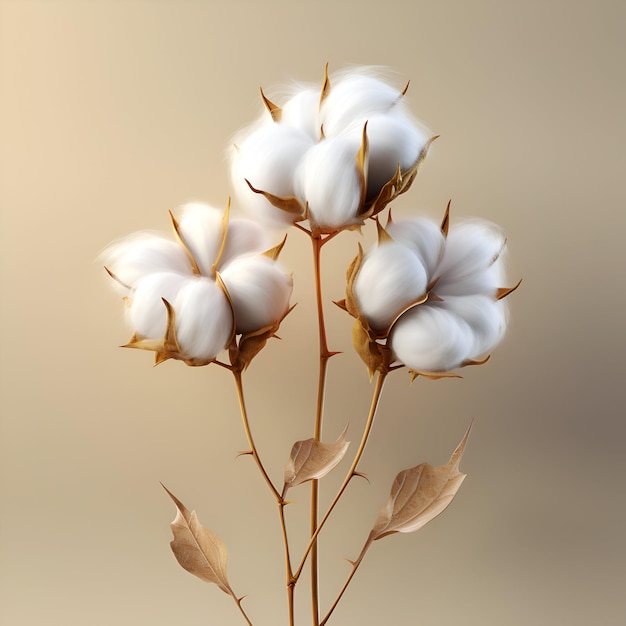 Cotton flower branch on beige background 3d illustration