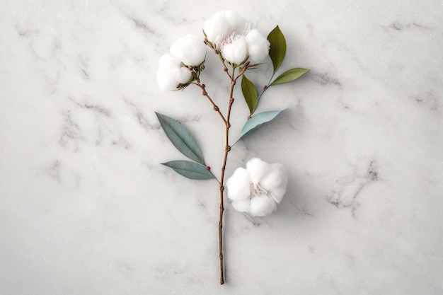 Cotton flower branch on white marble background Illustration AI Generative